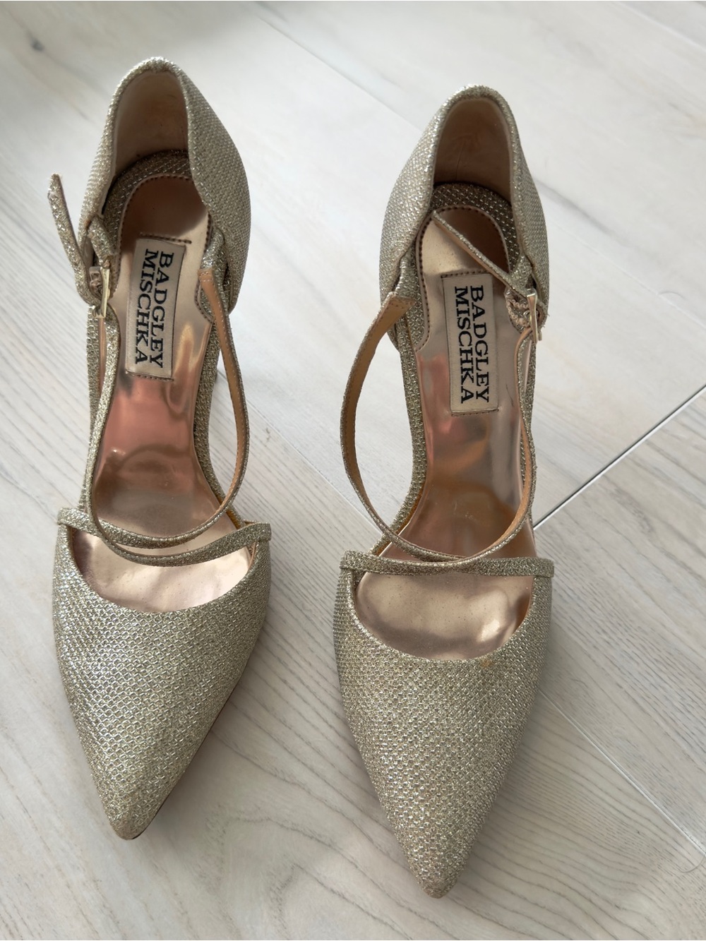 Badgley Mischka Metallic Gold Pointed-Toe Ankle-Strap Heels